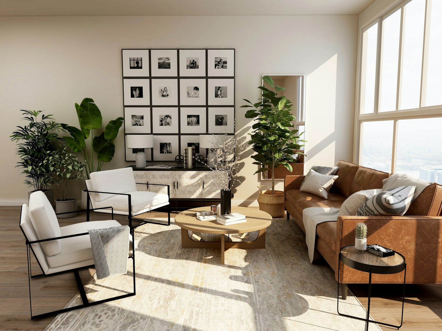 A sunlit living room with warm natural textures