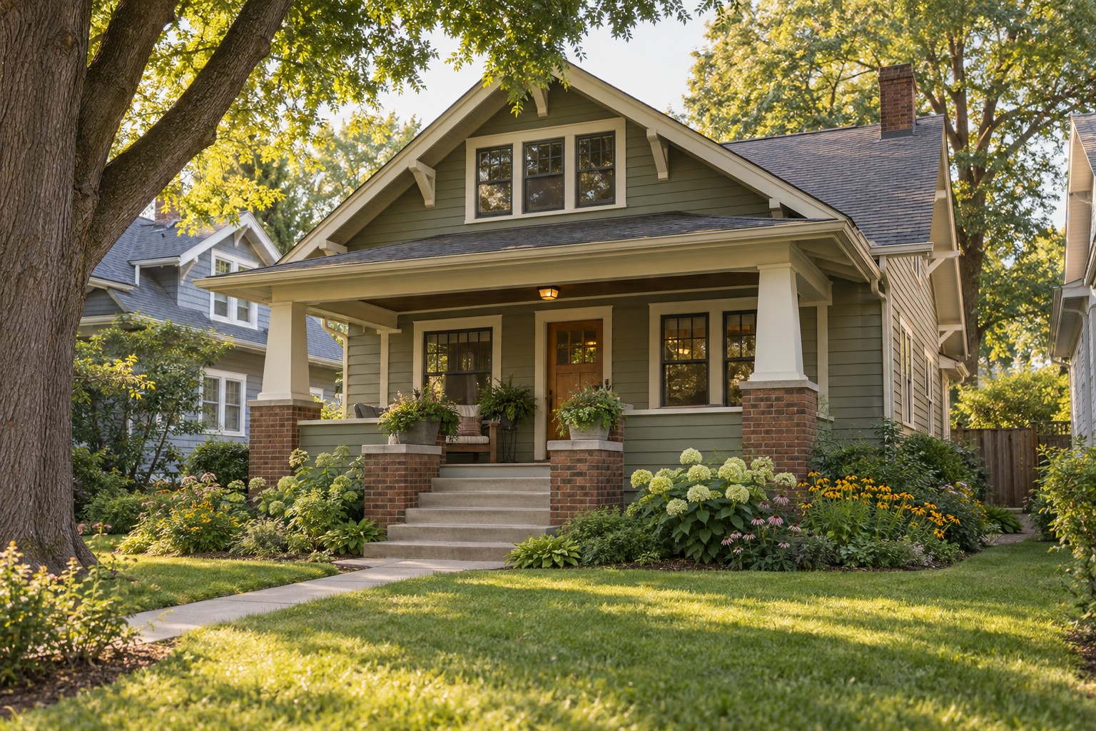 Minnesota-style bungalow with a welcoming front porch and mature trees