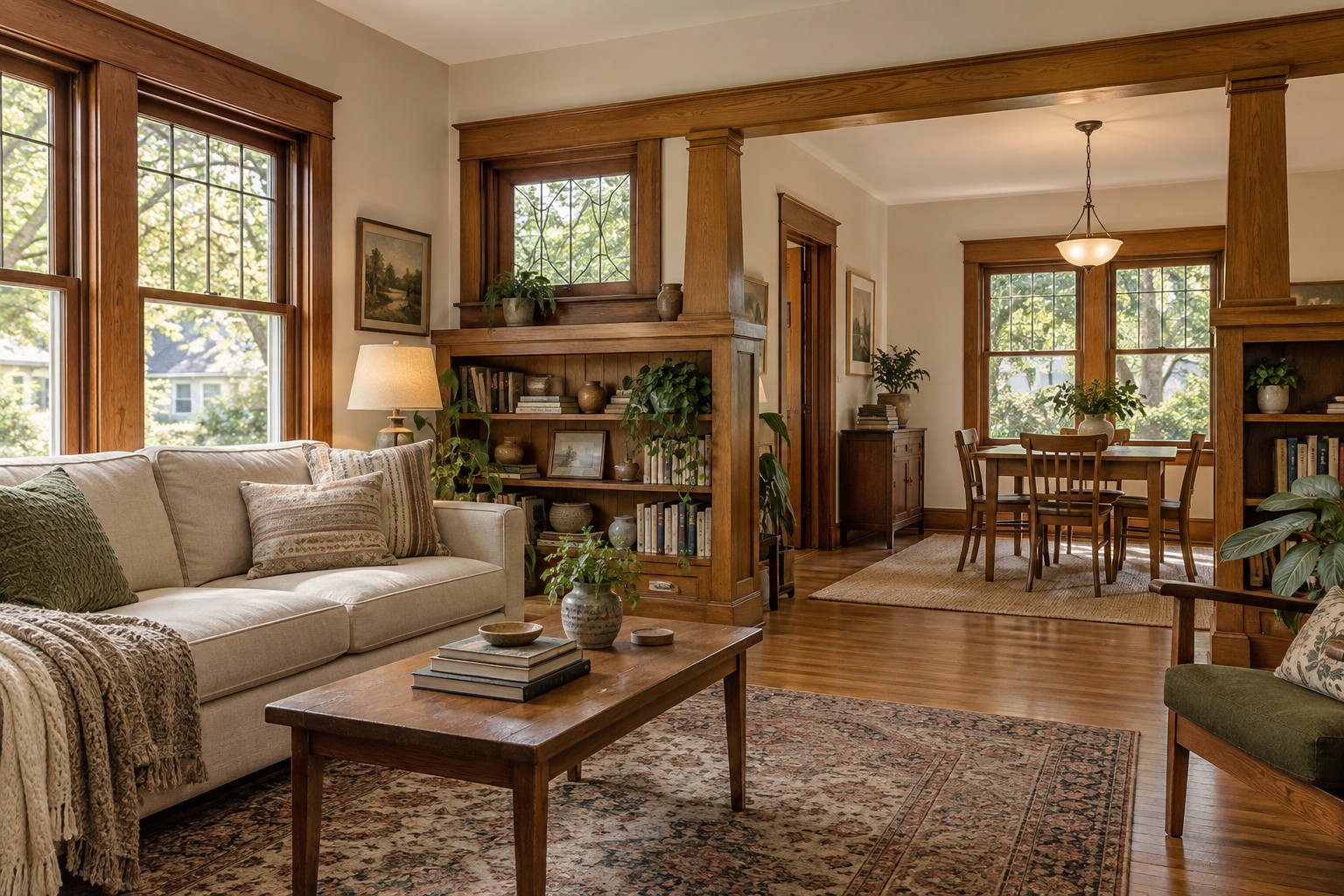 Minnesota-style Craftsman living room with warm oak woodwork
